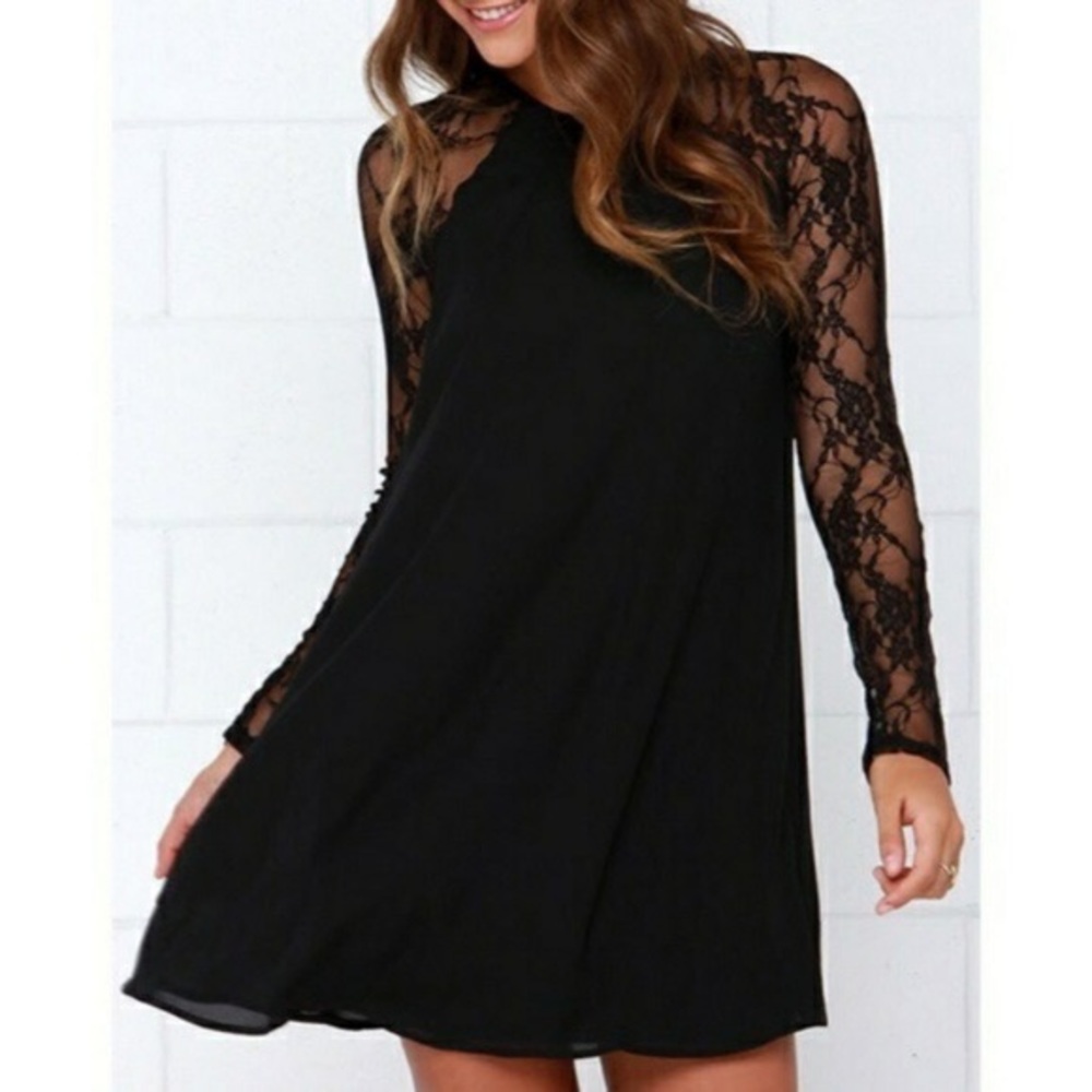 NWT Everly Black Lace Long Sleeve Mini Swing Dress Size M - Picture 1 of 7